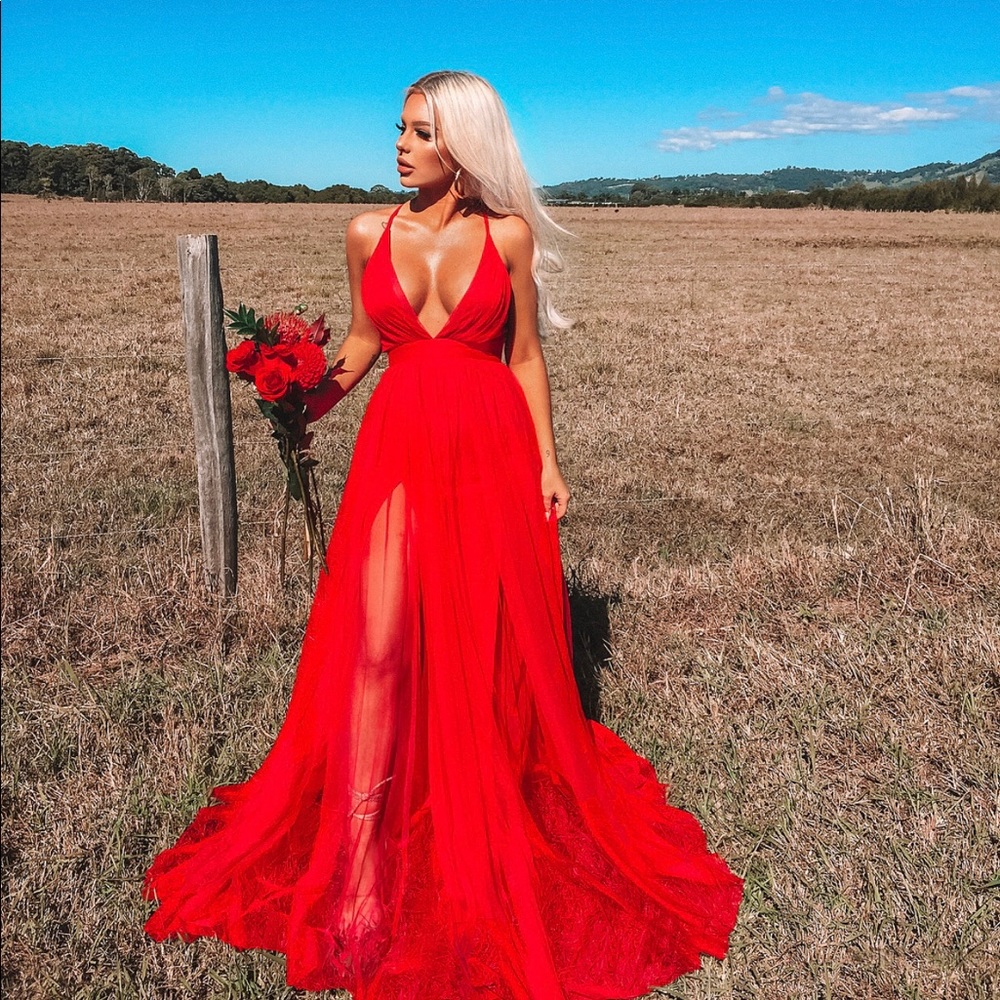 Fashion Nova on the runaway red maxi dress